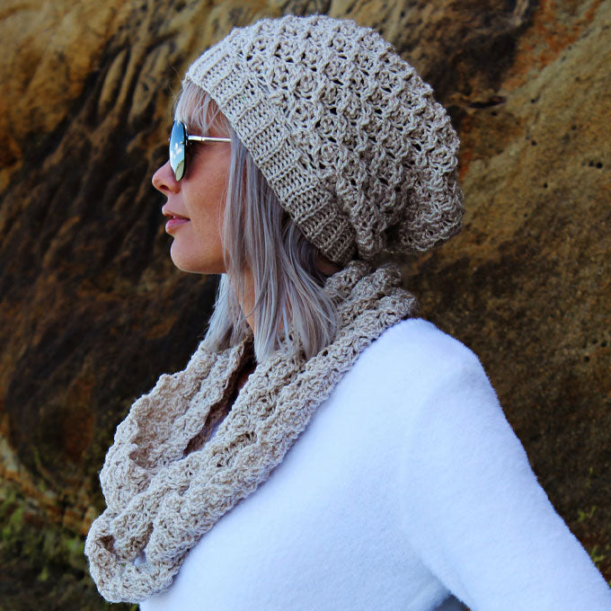 123 Knit-Look C2C Slouch Hat and Braided Cowl