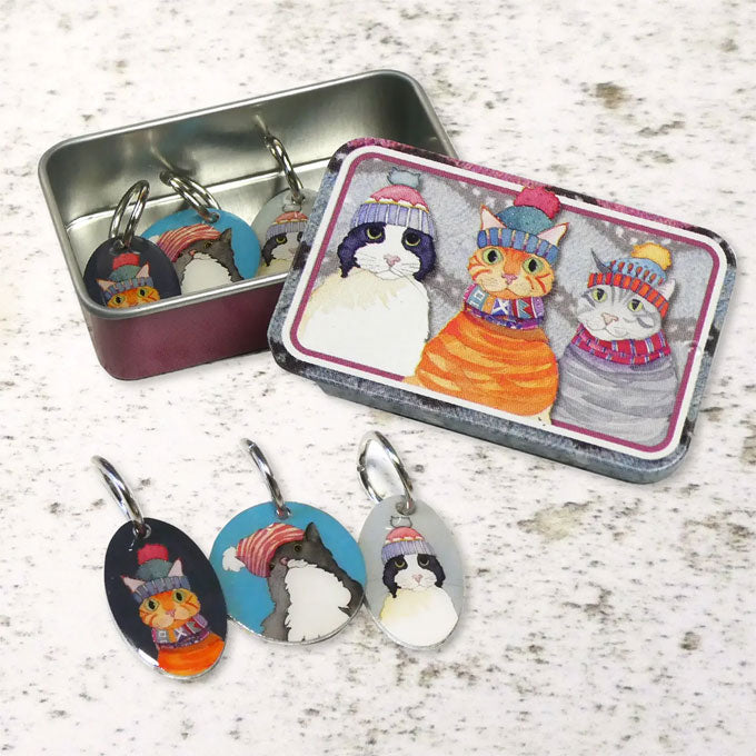 Emma Ball Cats in Hats Stitch Markers in a pocket tin (set of 6)
