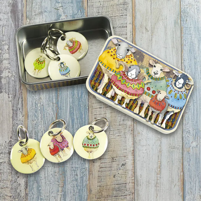 Emma Ball Sheep in Sweaters Stitch Markers in a pocket tin (set of 6)