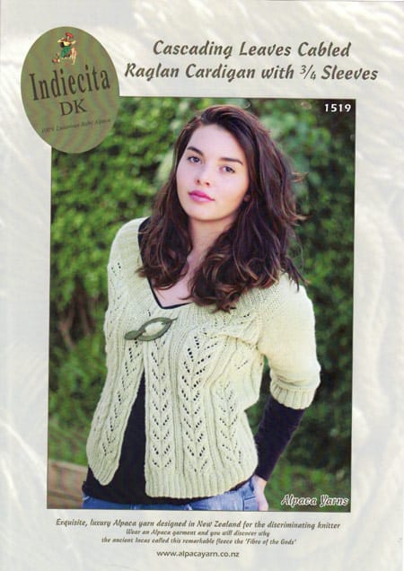 1519 Cascading Leaves Cabled Raglan Cardigan with 3/4 Sleeves