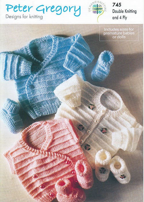745 Wrapover Cardigan & Waistcoat, Crew Neck Cardigan and Bootees