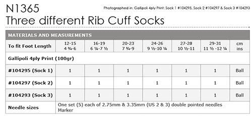N1365 Three Different Rib Cuff Socks