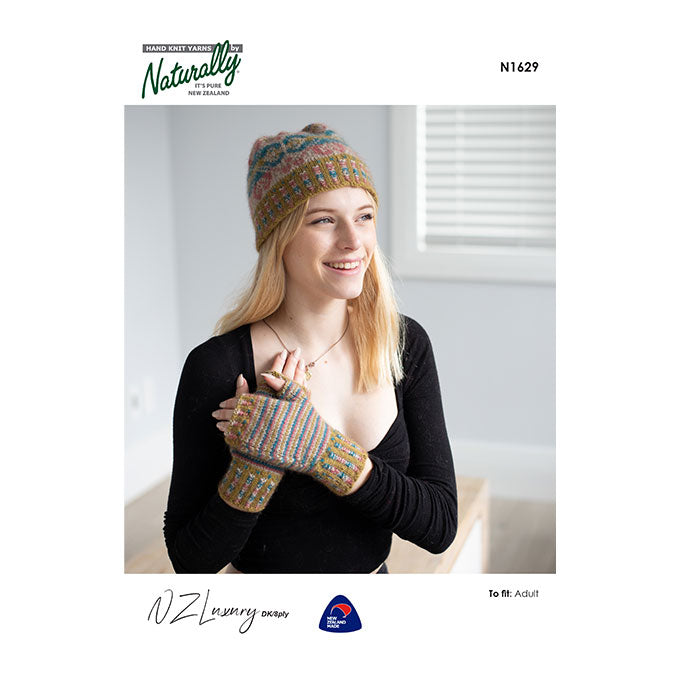 N1629 Fair Isle Hat with Stripey matching Fingerless Gloves