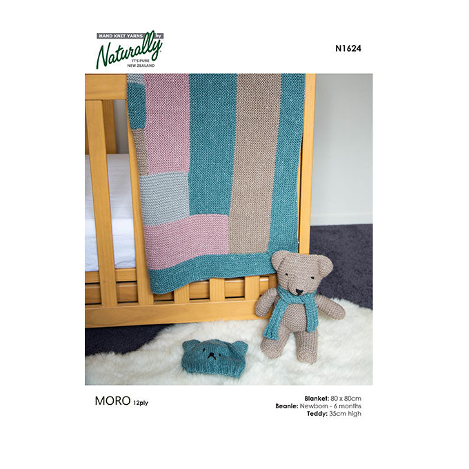 N1624 Teddy Bear, Beanie & Log Cabin Pram Blanket